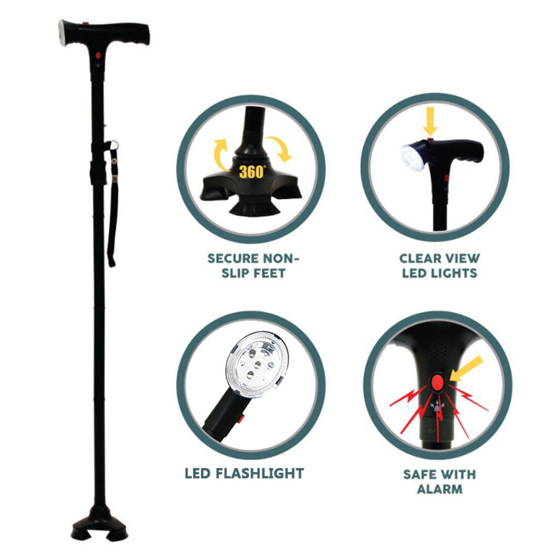 Folding Walking Stick with LED Light & Alarm