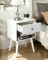 White Bedside Table with Drawer & Wood Legs