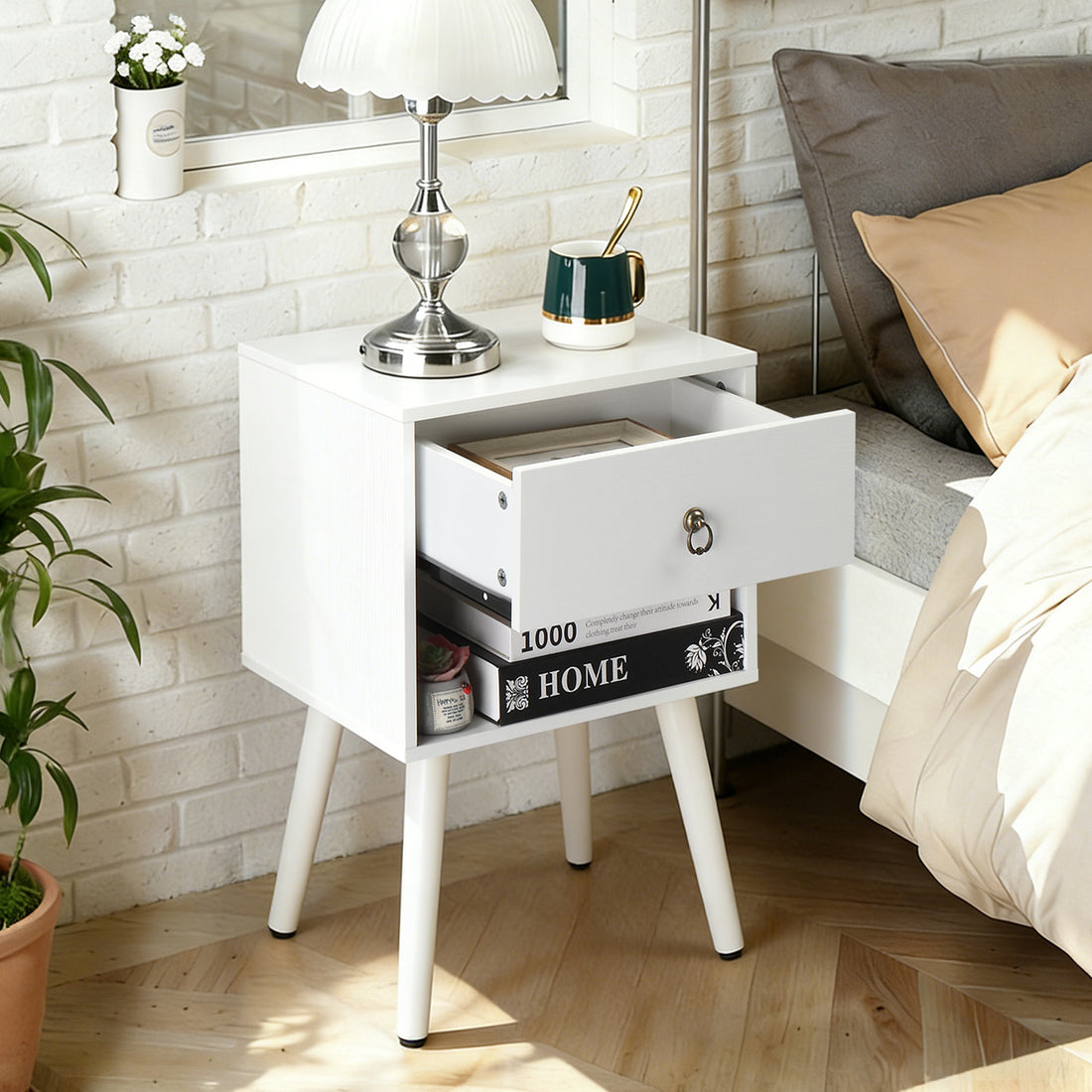 White Bedside Table with Drawer & Wood Legs