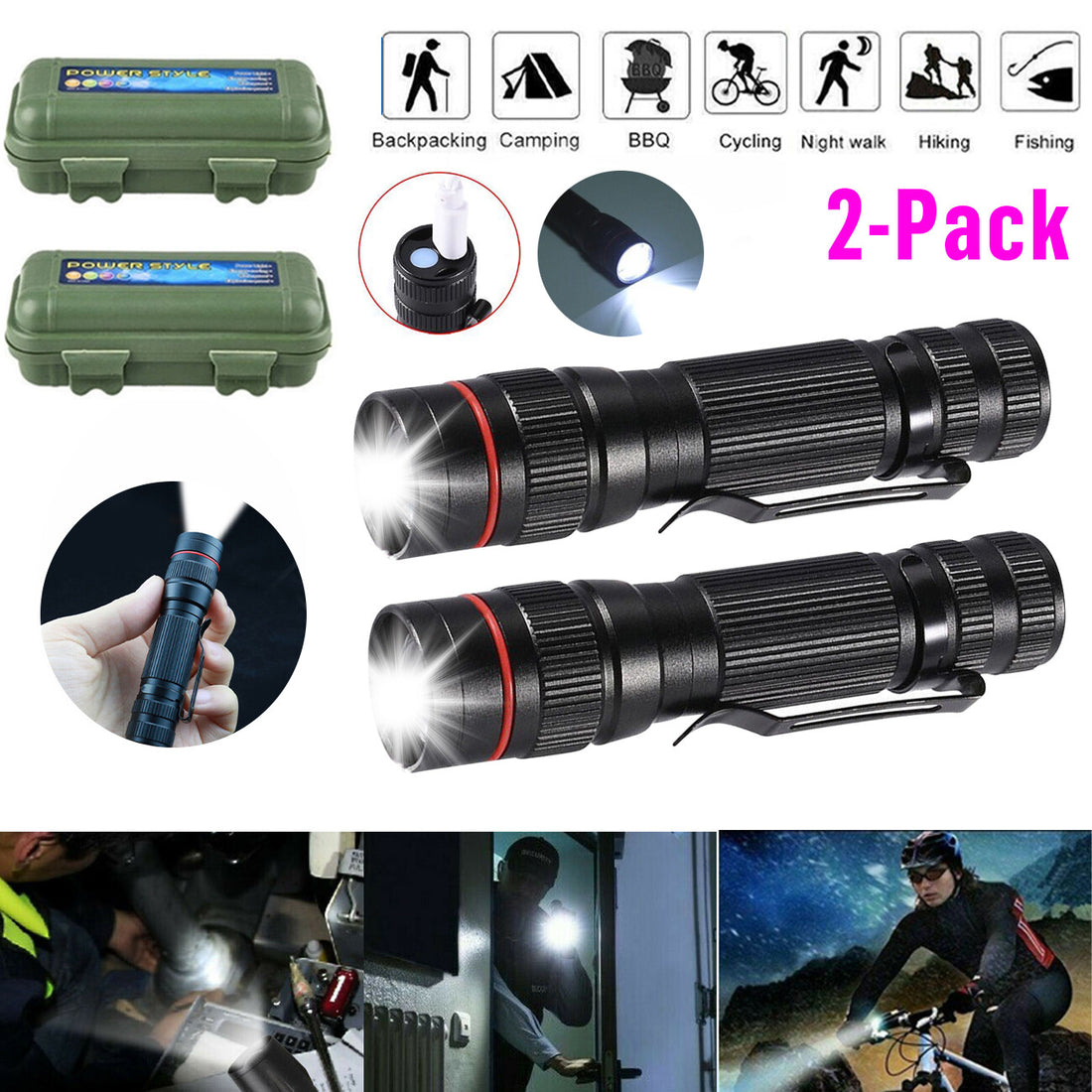 2-Pack Mini LED Flashlight - Adjustable Focus, 3 Mode