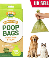 Degradable dog poop bags packaging with a hand holding a bag, a dog, and a cat.
