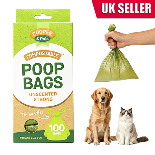 Degradable dog poop bags packaging with a hand holding a bag, a dog, and a cat.