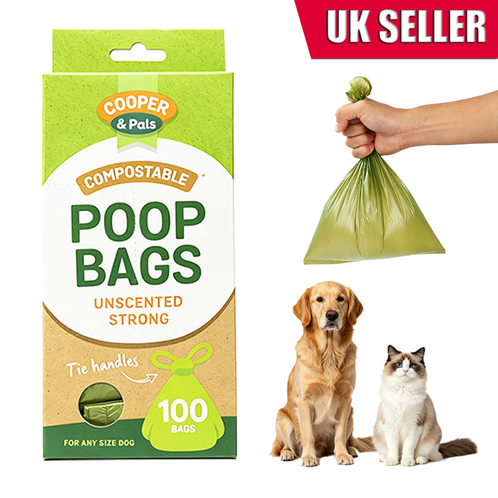 Degradable dog poop bags packaging with a hand holding a bag, a dog, and a cat.