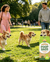 People walking dogs in a park with degradable dog poop bags packaging.
