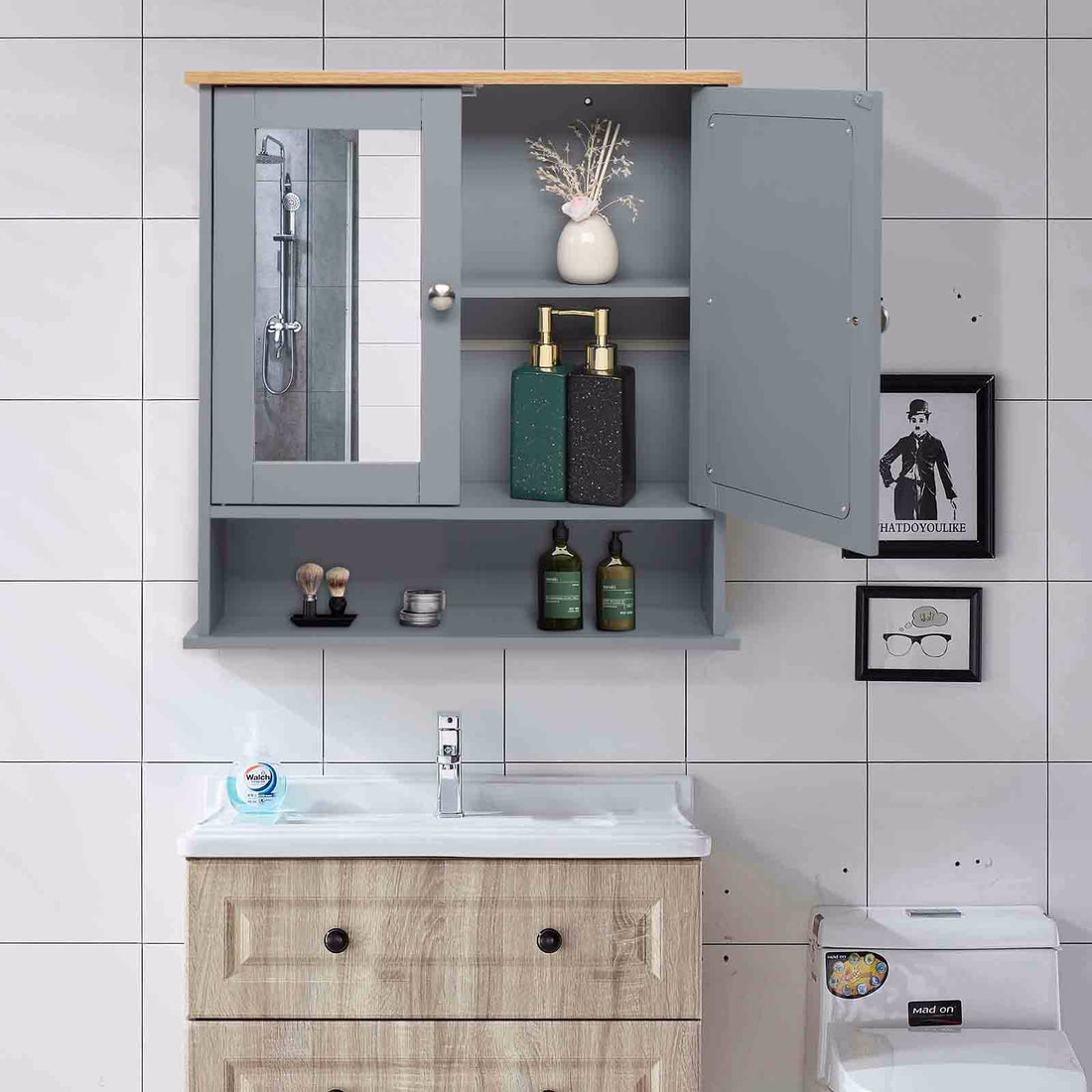 Grey 2-Door Mirror Bathroom Wall Cabinet